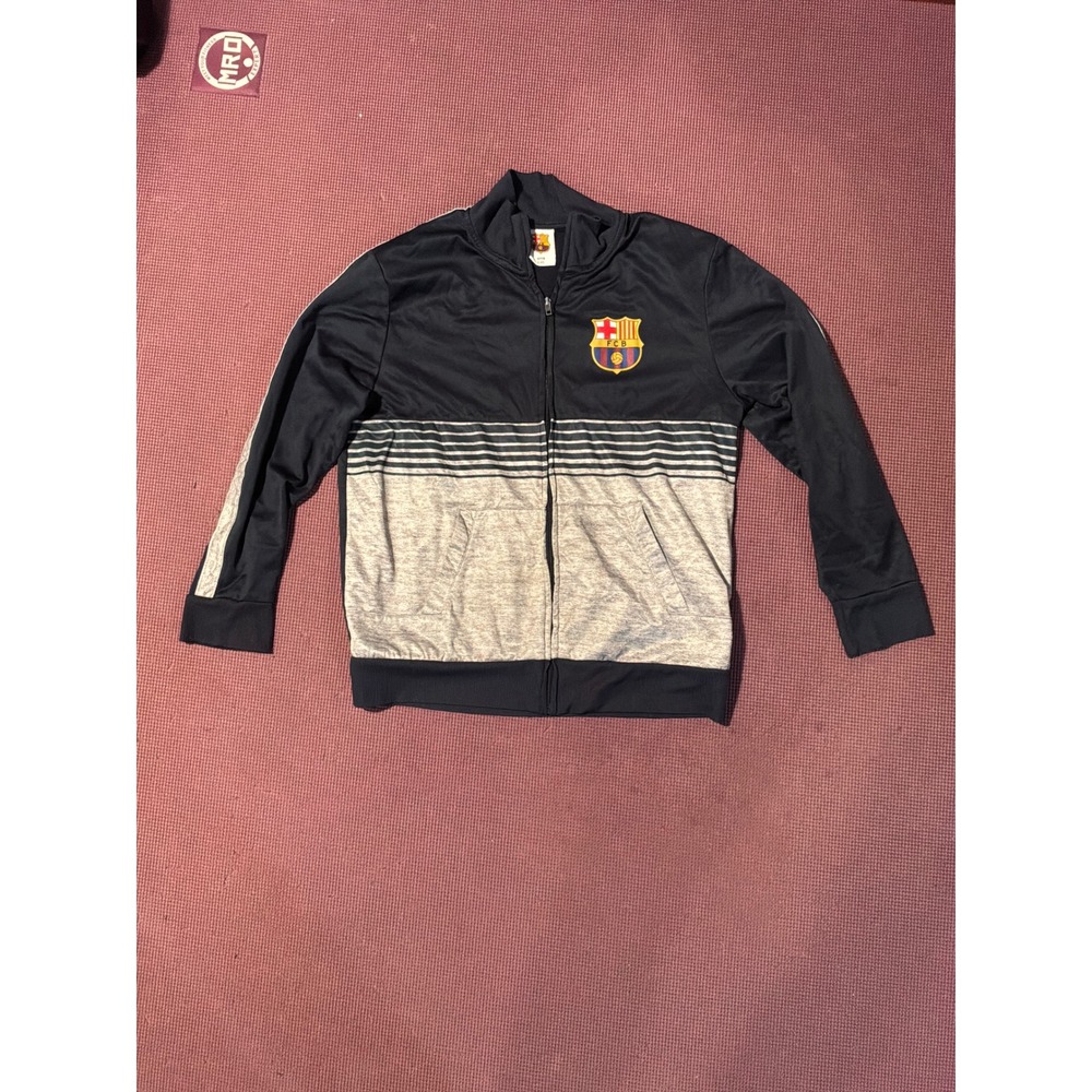 FC Barcelona Official Track Jacket Mens Large Navy Gray Striped Full Zip Soccer